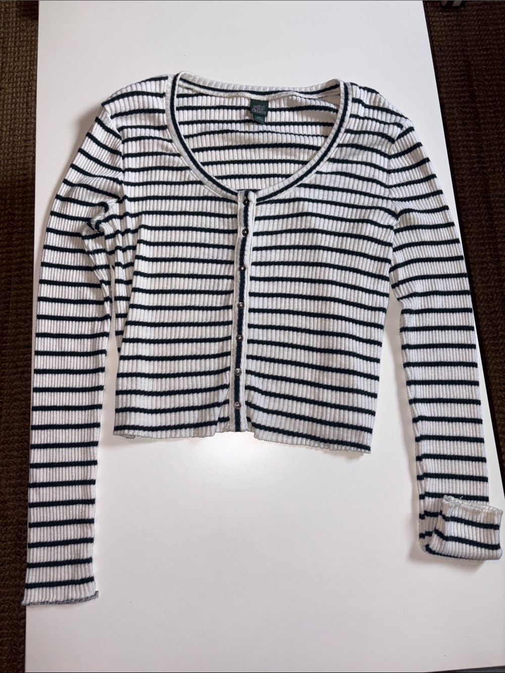 wild fable White and Green Striped Rib-Knit Long Sleeve Button Top